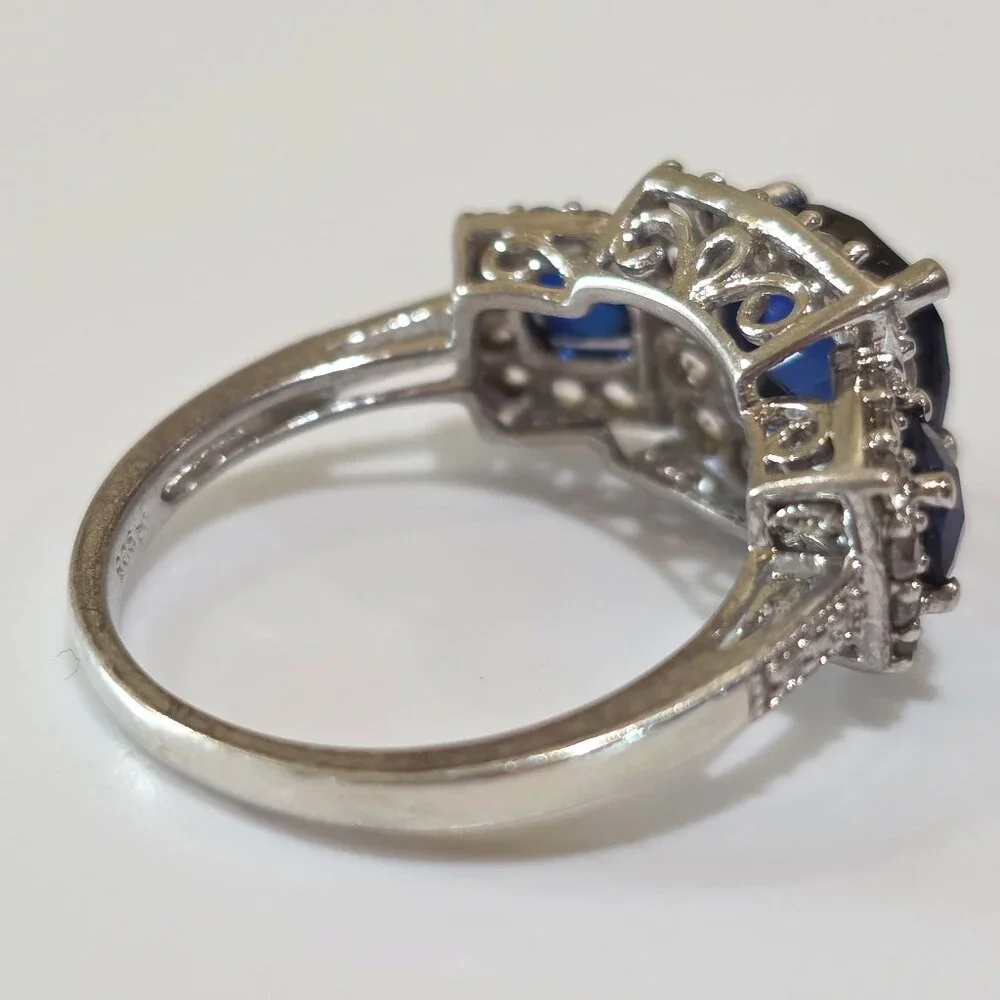 Cushion Cut Blue Three (3) Stone CZ Accent 925 Sterling Silver Ring Size 6.75